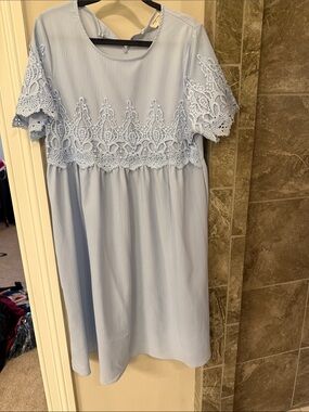 Light Blue Lace Trim Short Sleeve Dress